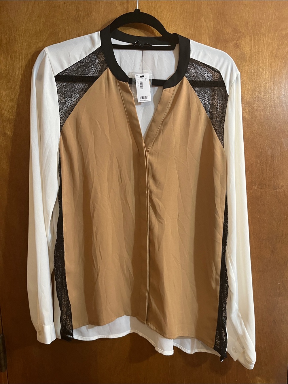 The Limited Colorblock Lace-Trim Blouse in Tan and White
